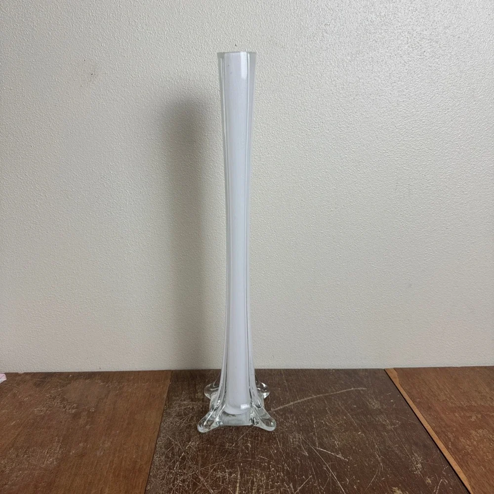 Vintage MCM Retro‎ Tall White Cased Glass Bud Flower Vase 16 inch Home Decor